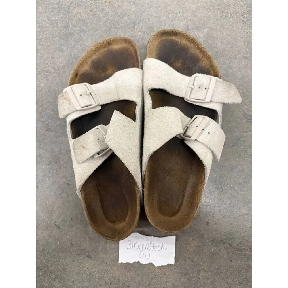 Birkenstock Two-Strap Suede Slides in Light Taupe